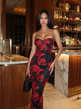 Fashion Nova Black Maxi Dress with Red Floral Lace